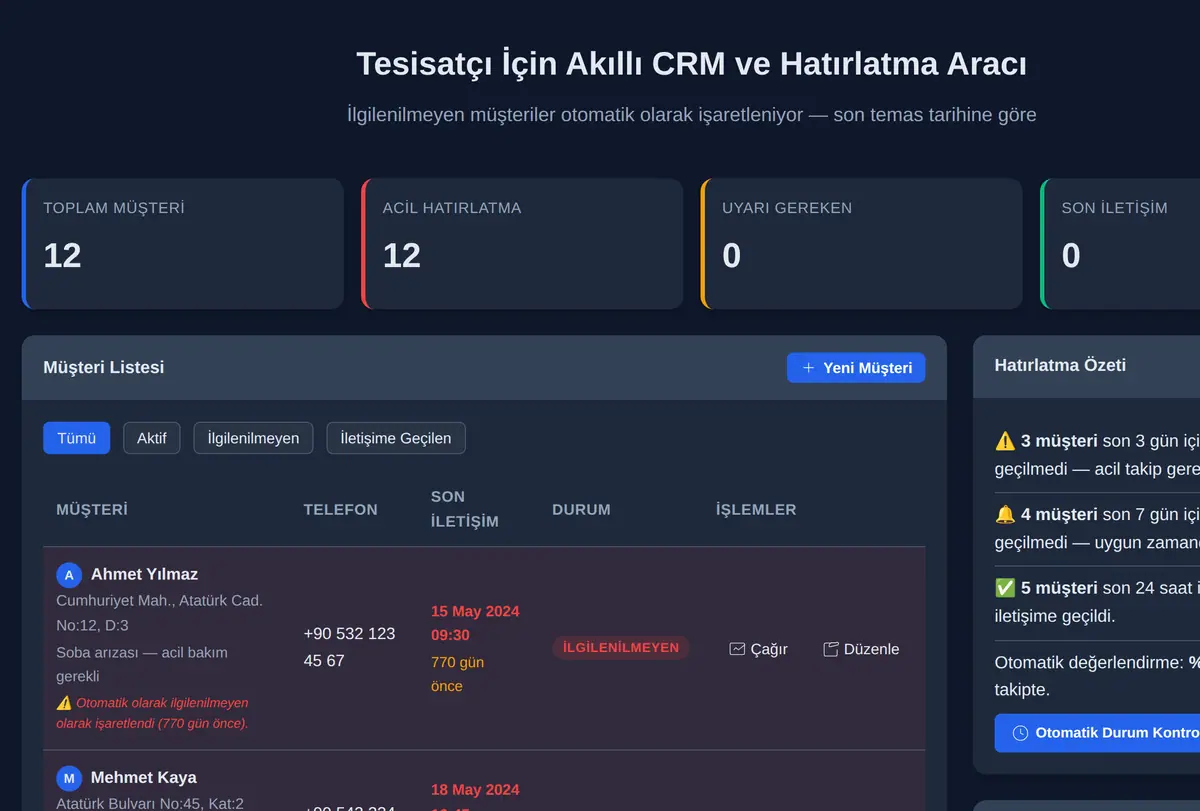 Tesisatçı İçin Akıllı CRM ve Hatırlatma Aracı ekran görüntüsü