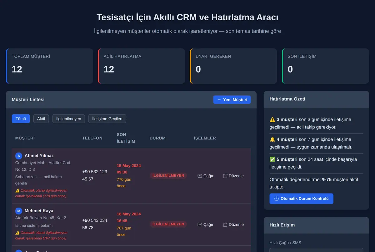 Tesisatçı İçin Akıllı CRM ve Hatırlatma Aracı ekran görüntüsü 2