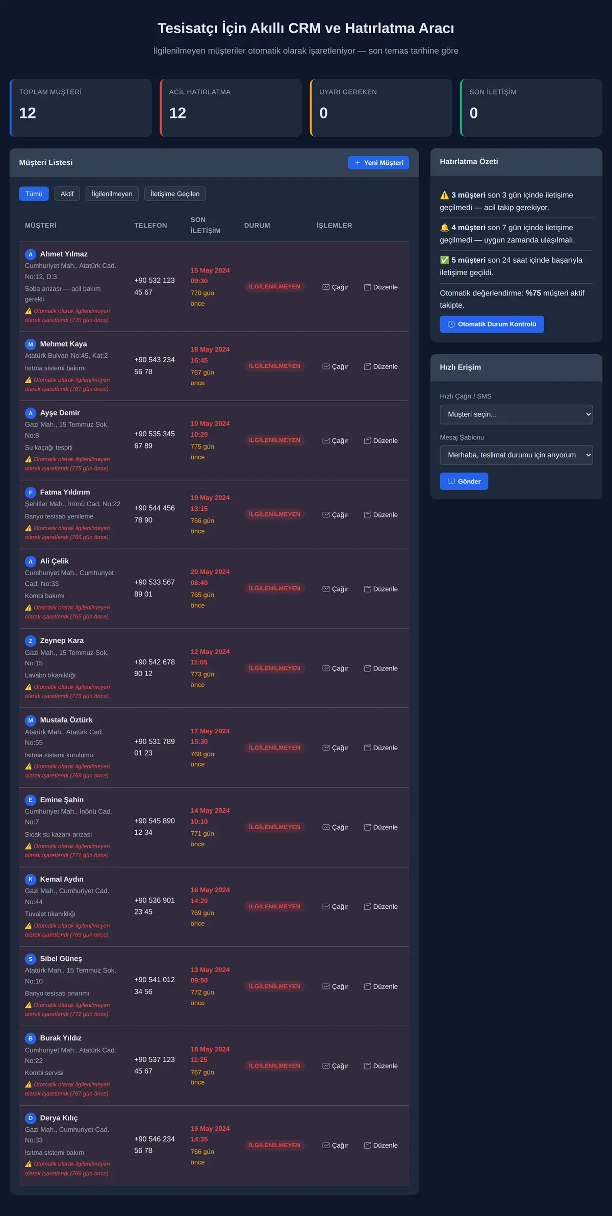 Tesisatçı İçin Akıllı CRM ve Hatırlatma Aracı ekran görüntüsü 3