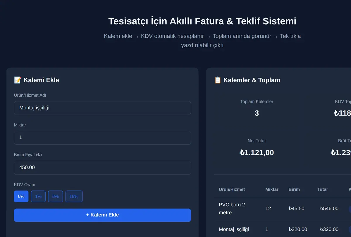 Tesisatçı İçin Akıllı Fatura & Teklif Sistemi ekran görüntüsü