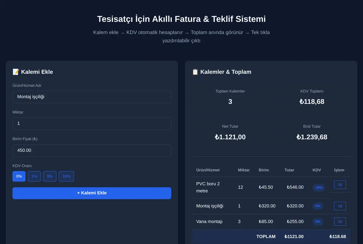 Tesisatçı İçin Akıllı Fatura & Teklif Sistemi ekran görüntüsü 2