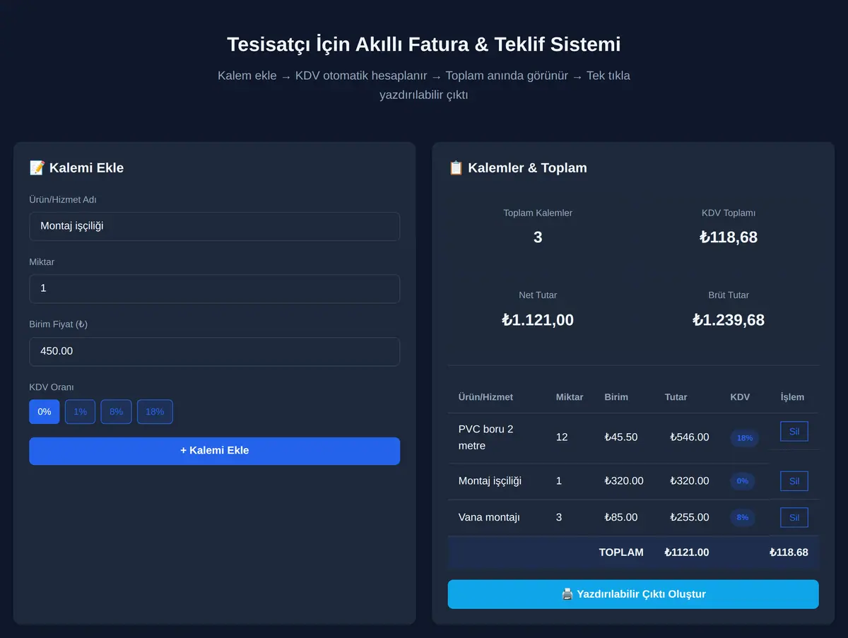 Tesisatçı İçin Akıllı Fatura & Teklif Sistemi ekran görüntüsü 3