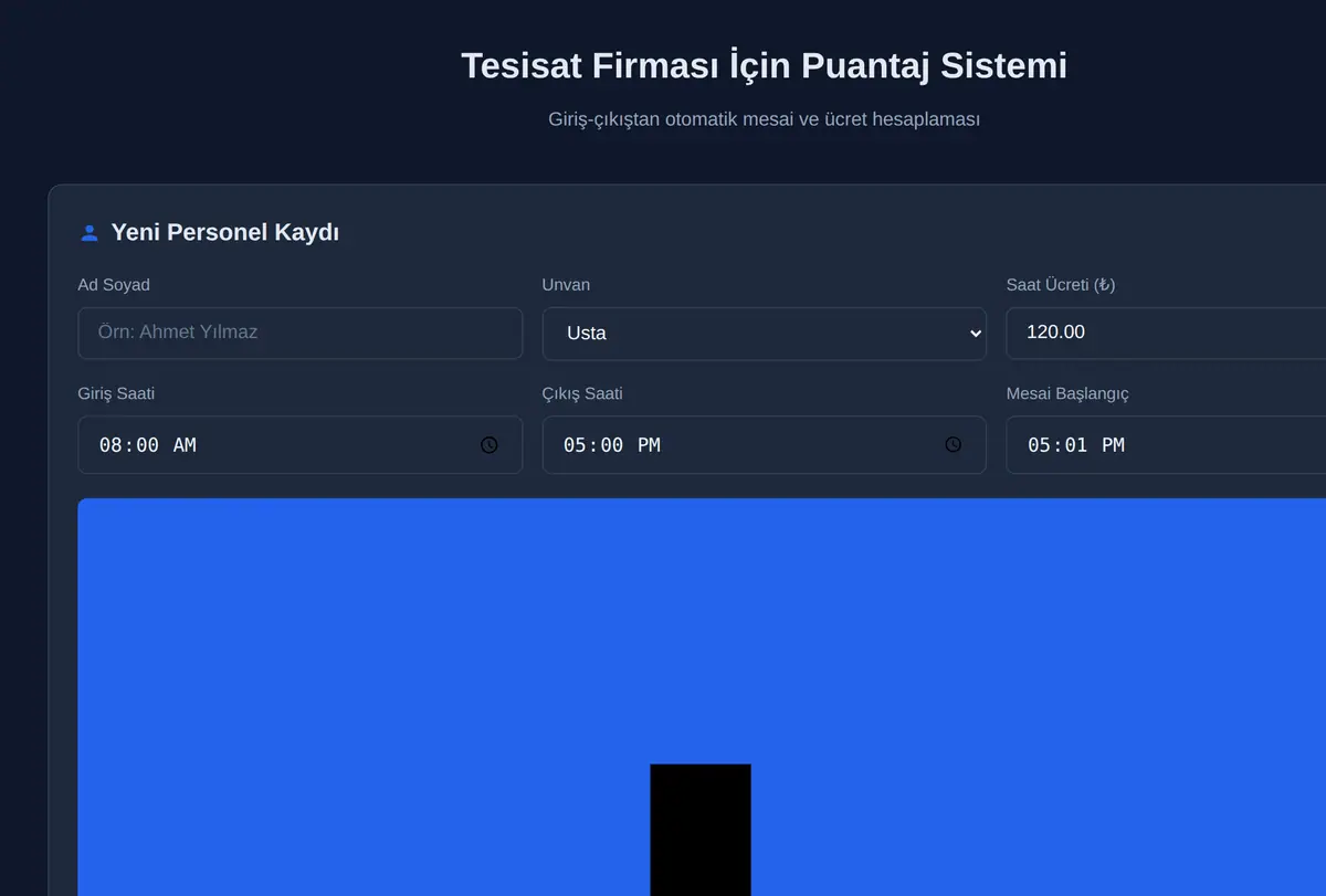Tesisat Firması İçin Puantaj Sistemi ekran görüntüsü