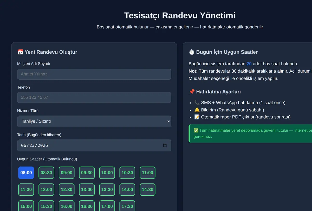 Tesisatçı Randevu Yönetimi ekran görüntüsü