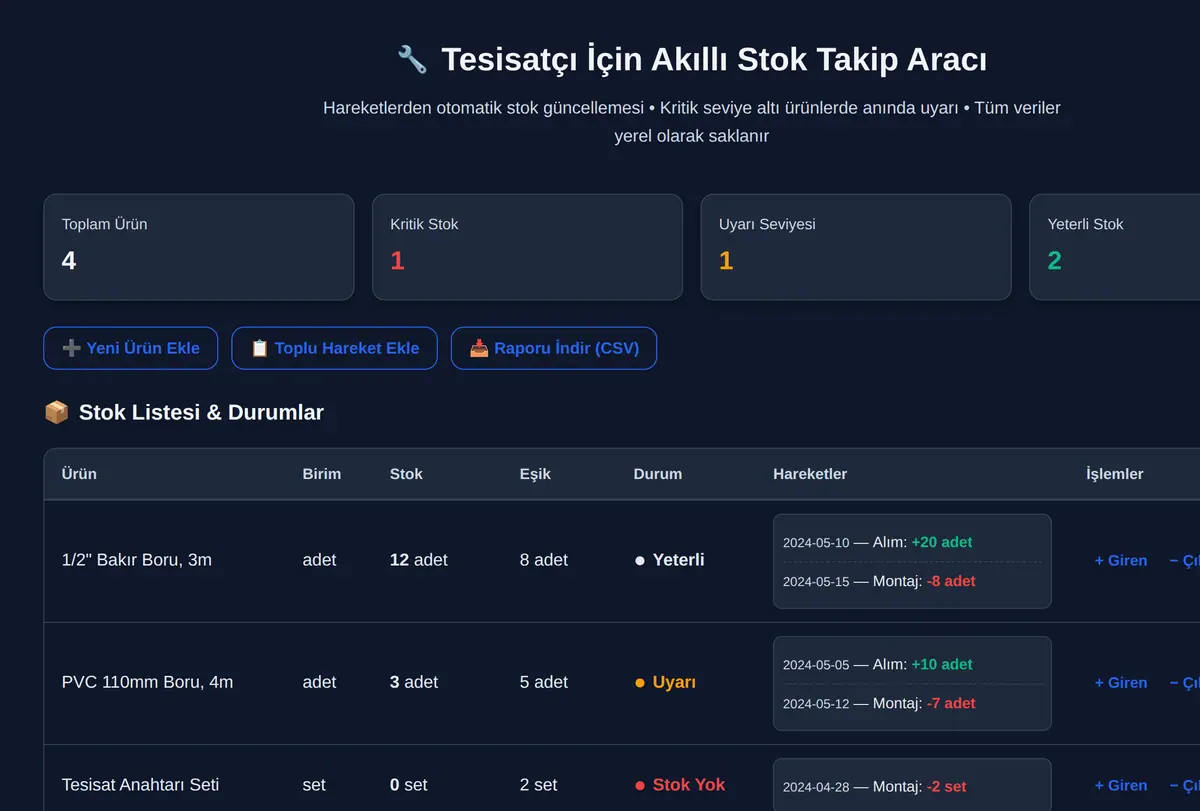 Tesisatçı İçin Akıllı Stok Takip Aracı ekran görüntüsü