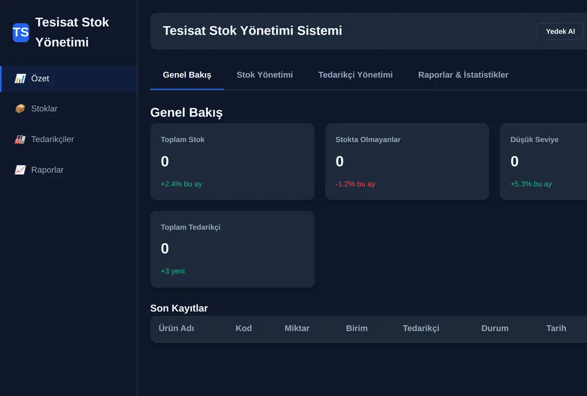 Tesisat Stok Yönetimi Sistemi ekran görüntüsü