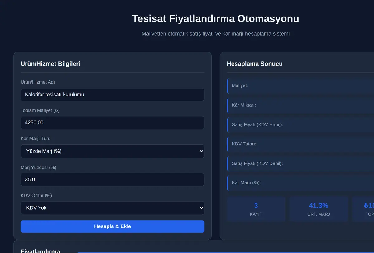 Tesisat Fiyatlandırma Otomasyonu ekran görüntüsü