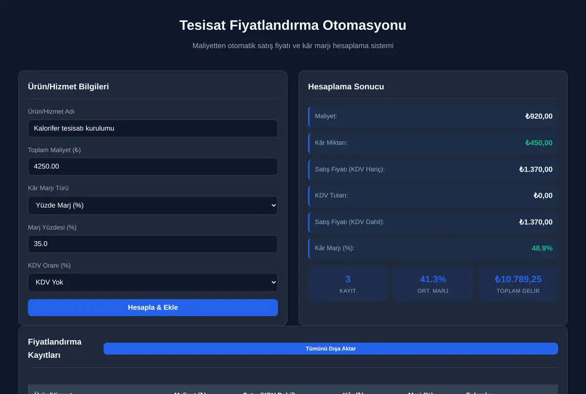 Tesisat Fiyatlandırma Otomasyonu ekran görüntüsü 2