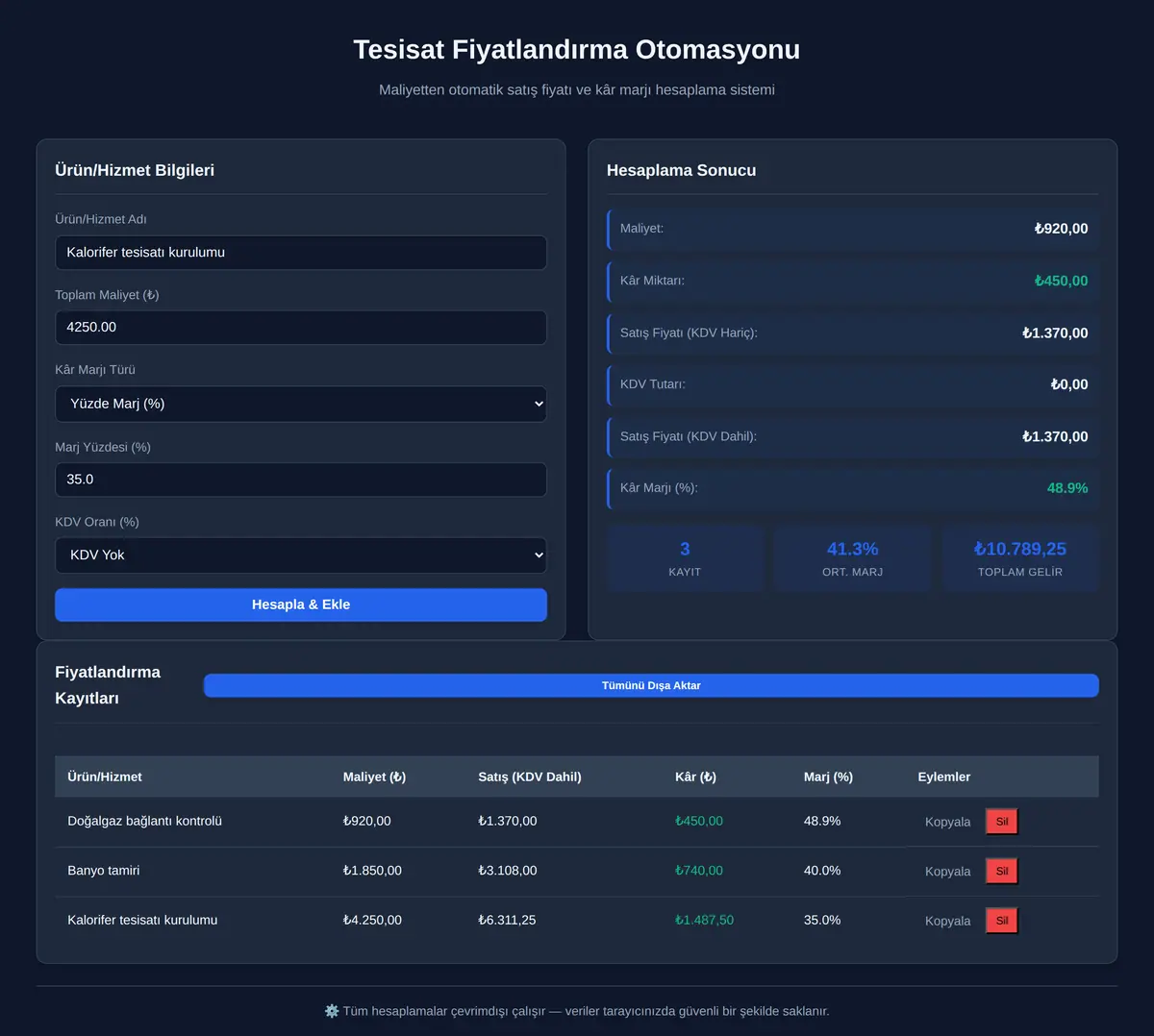 Tesisat Fiyatlandırma Otomasyonu ekran görüntüsü 3