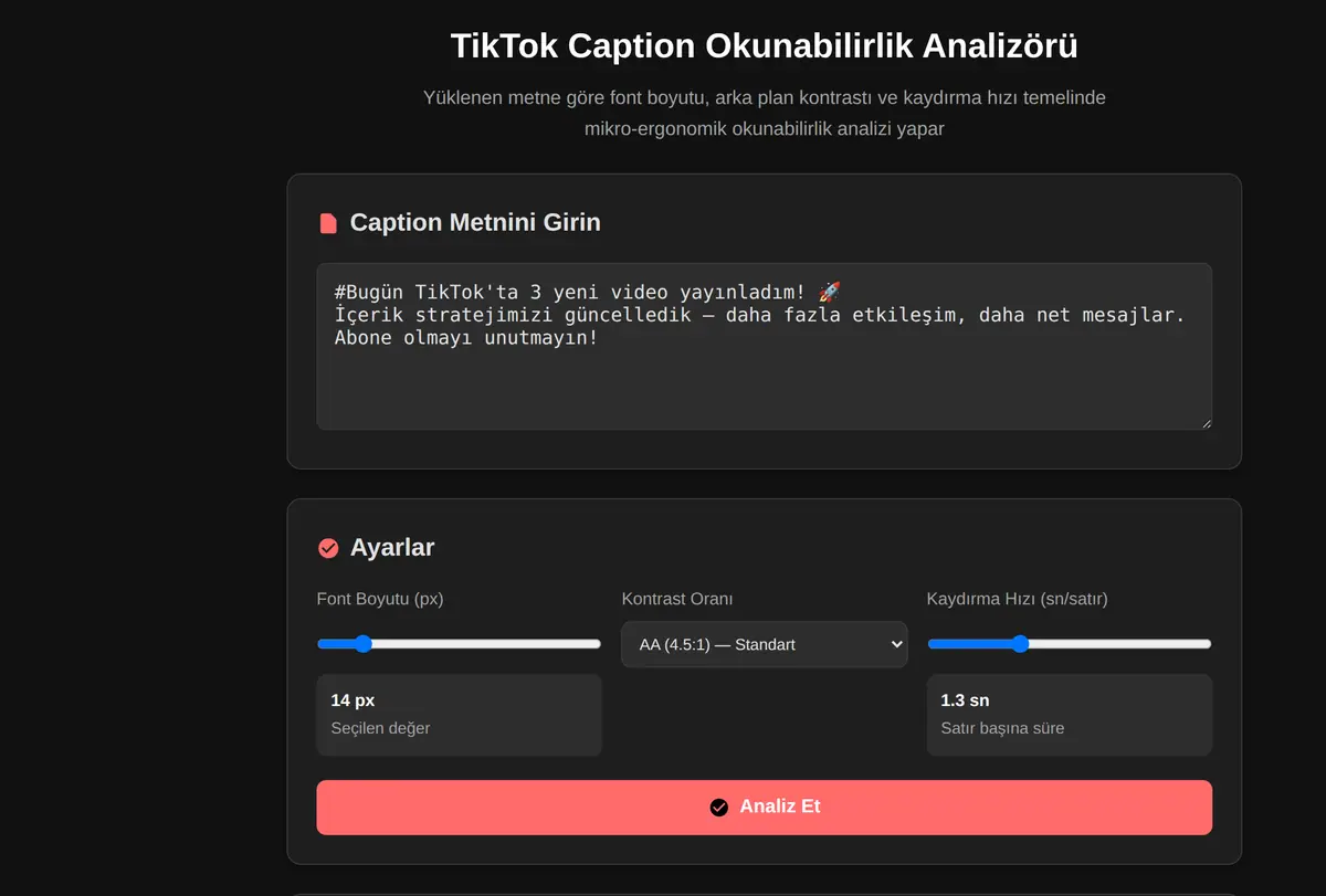 TikTok Caption Okunabilirlik Analizörü ekran görüntüsü