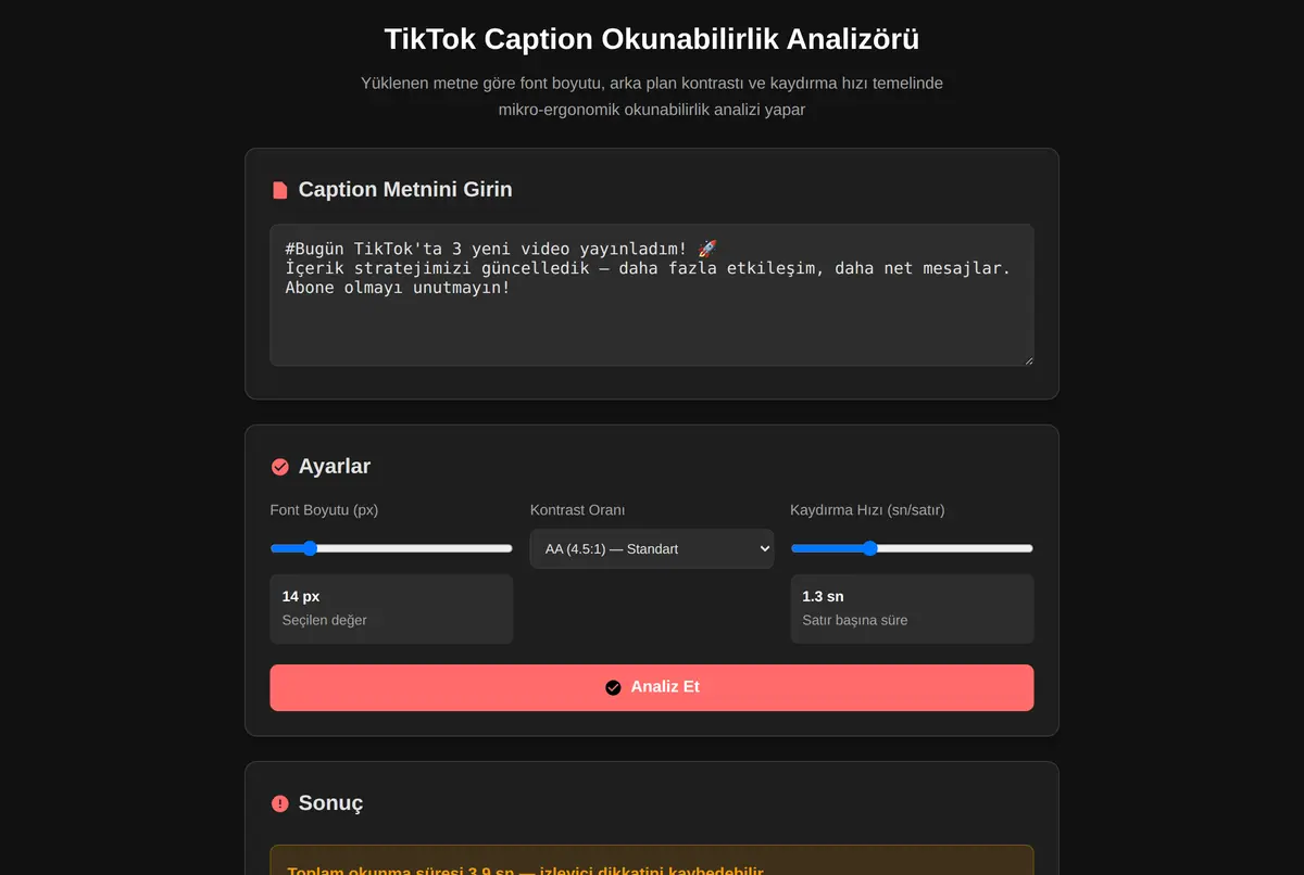 TikTok Caption Okunabilirlik Analizörü ekran görüntüsü 2