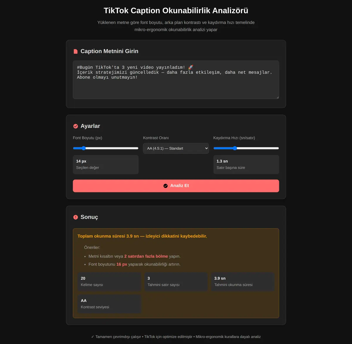 TikTok Caption Okunabilirlik Analizörü ekran görüntüsü 3