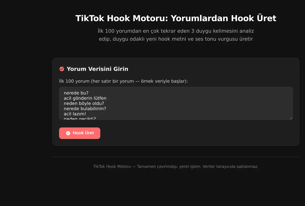 TikTok Hook Motoru: Yorumlardan Hook Üret ekran görüntüsü