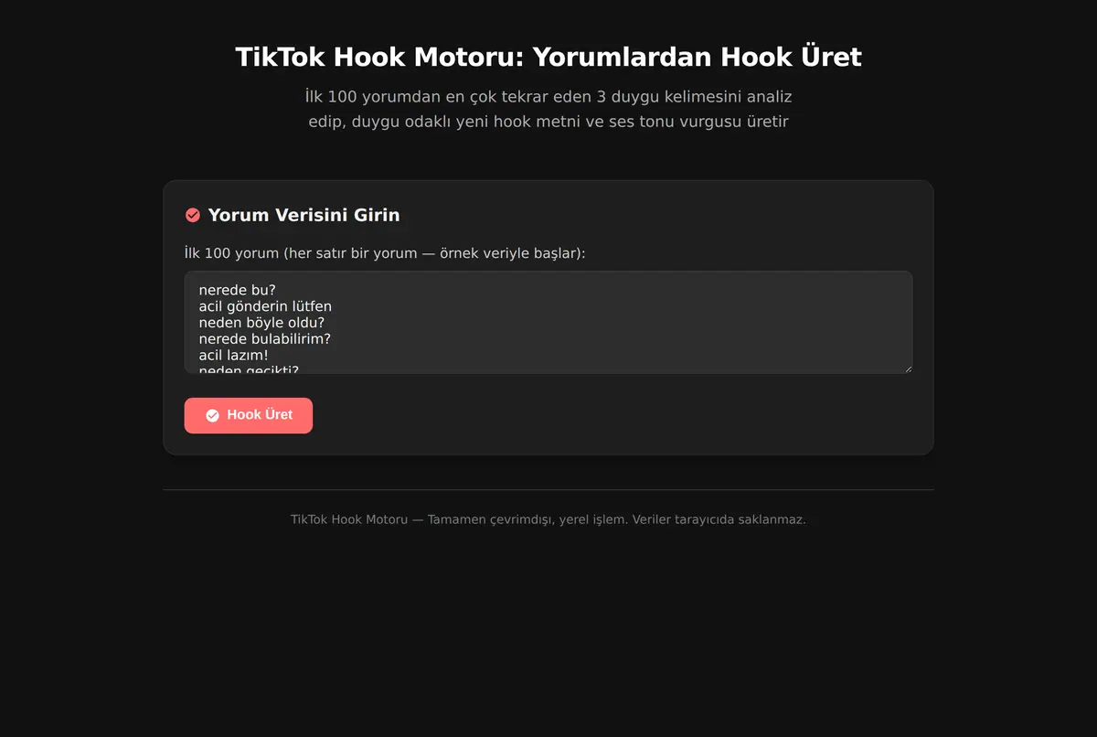 TikTok Hook Motoru: Yorumlardan Hook Üret ekran görüntüsü 2