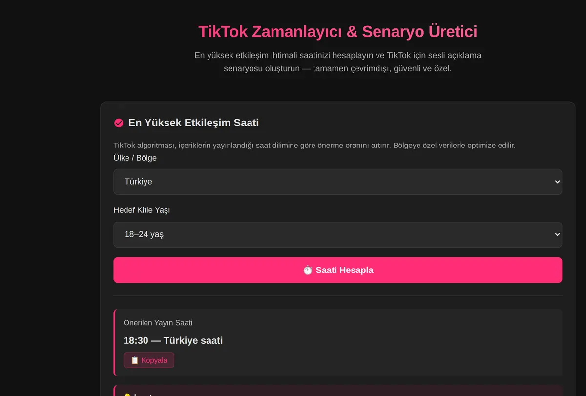 TikTok Zamanlayıcı & Senaryo Üretici ekran görüntüsü