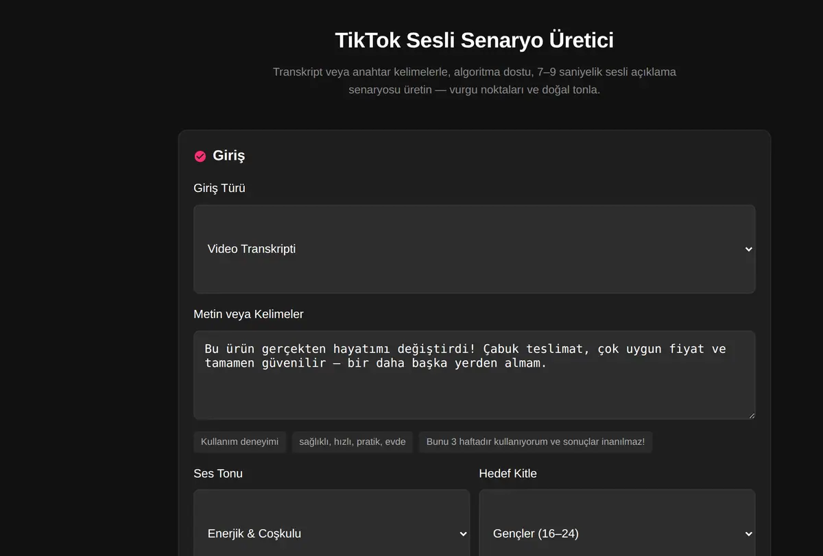 TikTok Sesli Senaryo Üretici ekran görüntüsü