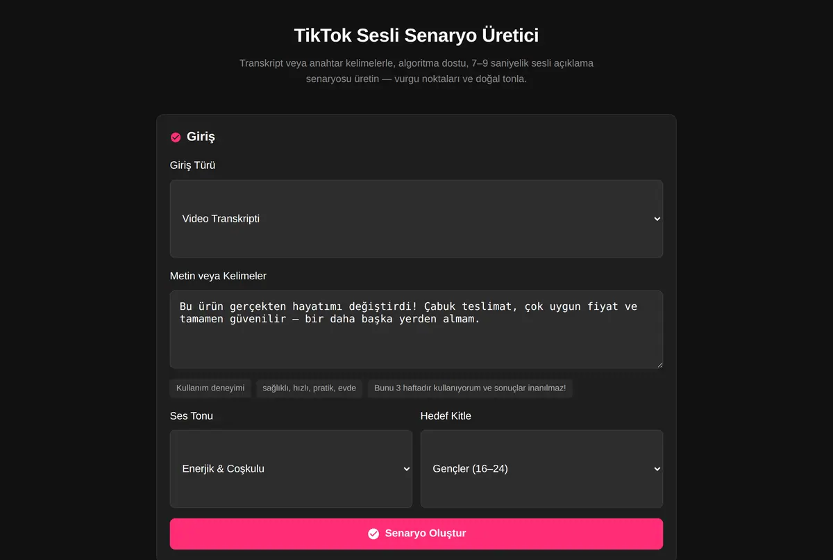 TikTok Sesli Senaryo Üretici ekran görüntüsü 2