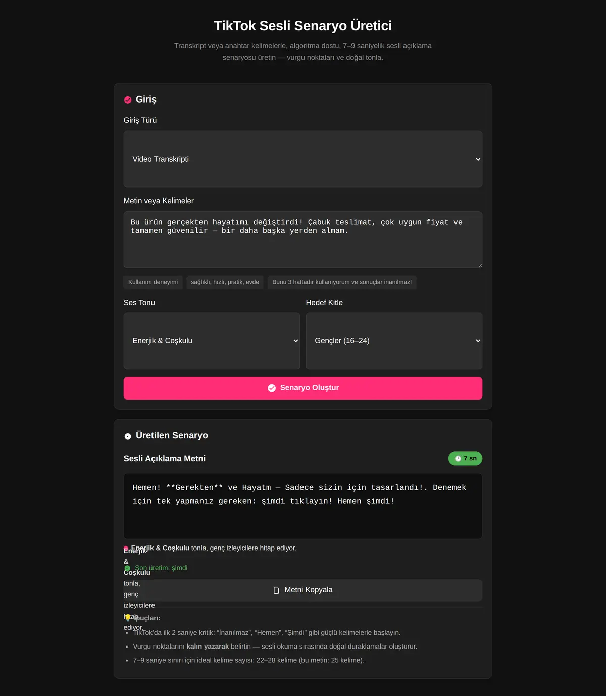 TikTok Sesli Senaryo Üretici ekran görüntüsü 3