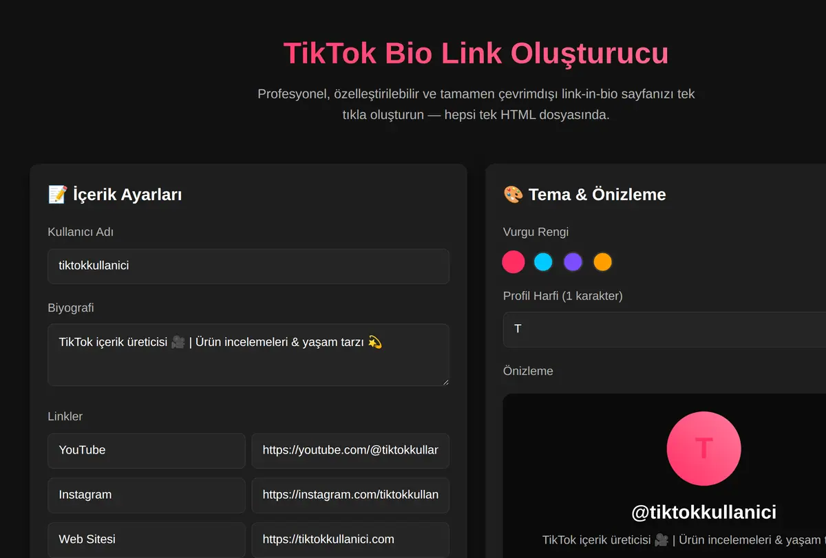 TikTok Bio Link Oluşturucu ekran görüntüsü