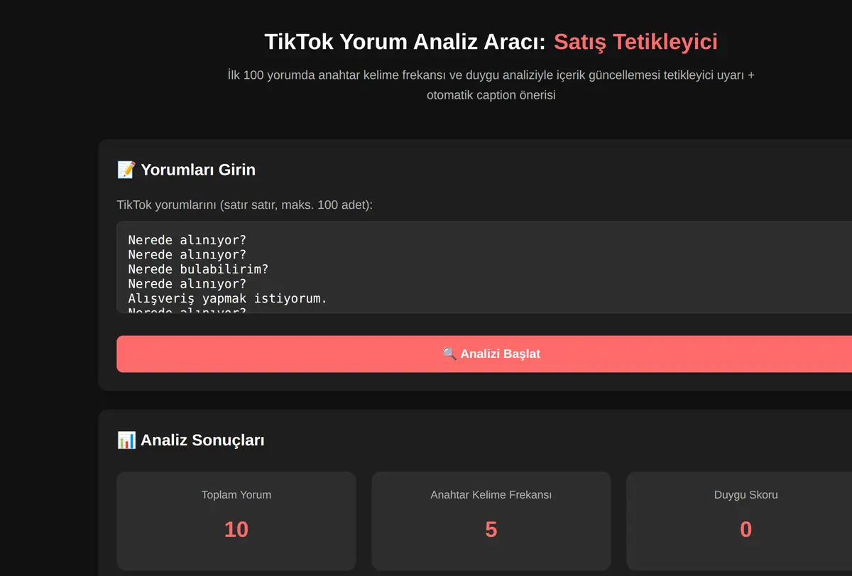 TikTok Yorum Analiz Aracı: Satış Tetikleyici ekran görüntüsü