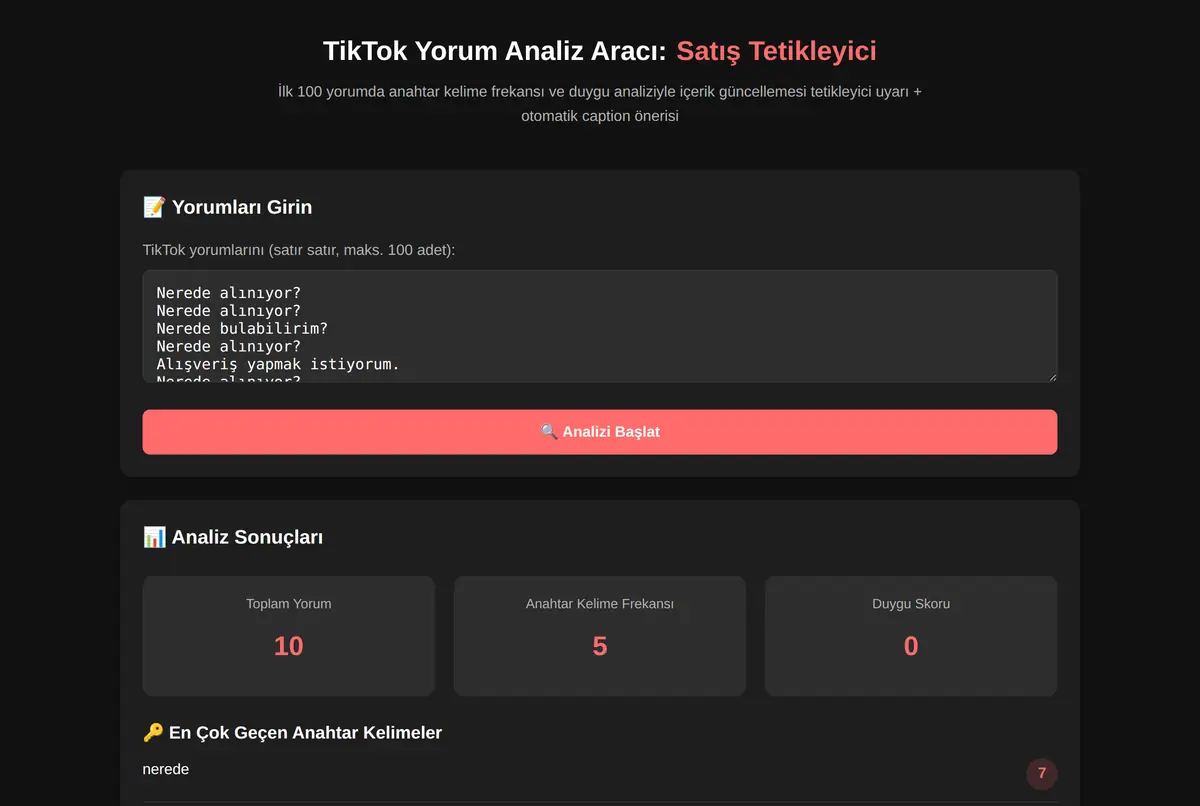TikTok Yorum Analiz Aracı: Satış Tetikleyici ekran görüntüsü 2