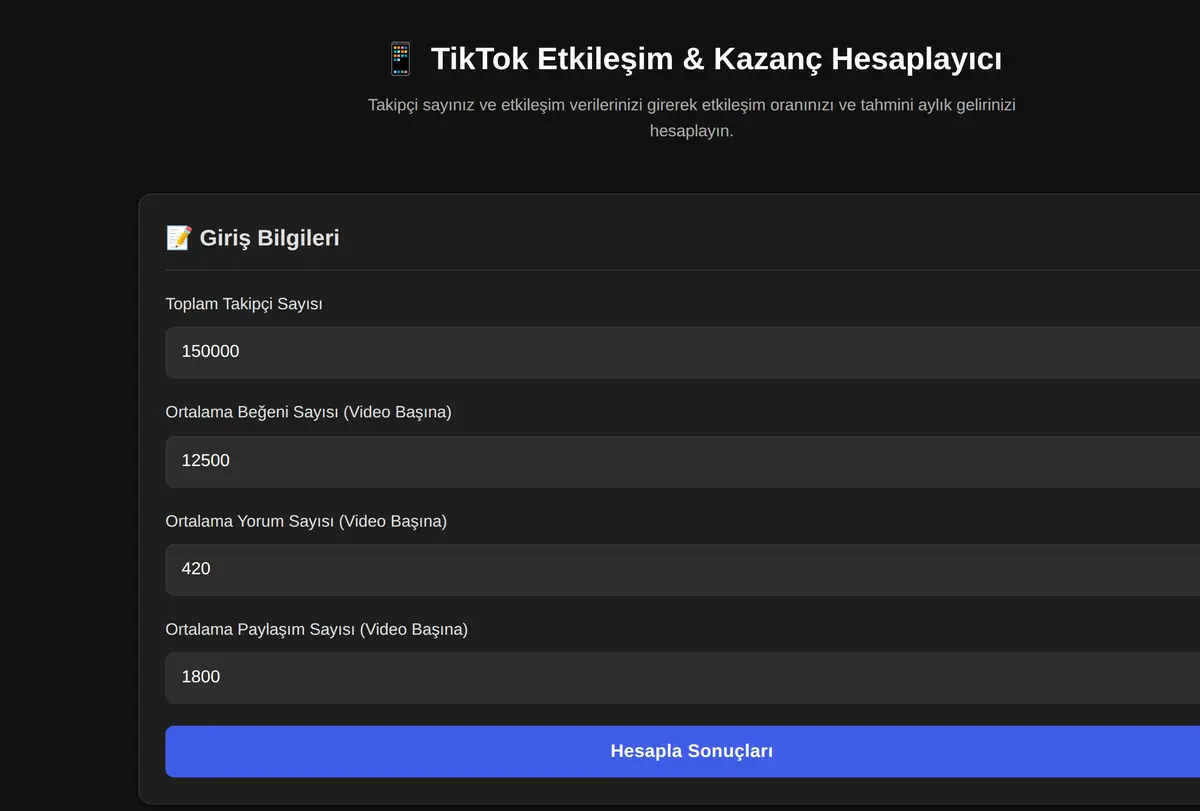 TikTok Etkileşim & Kazanç Hesaplayıcı ekran görüntüsü