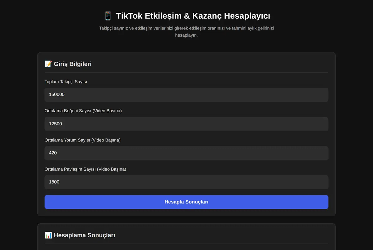 TikTok Etkileşim & Kazanç Hesaplayıcı ekran görüntüsü 2