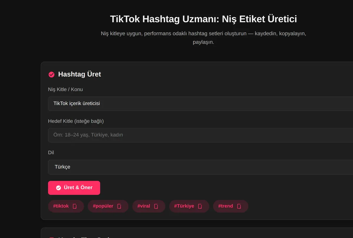 TikTok Hashtag Uzmanı: Niş Etiket Üretici ekran görüntüsü