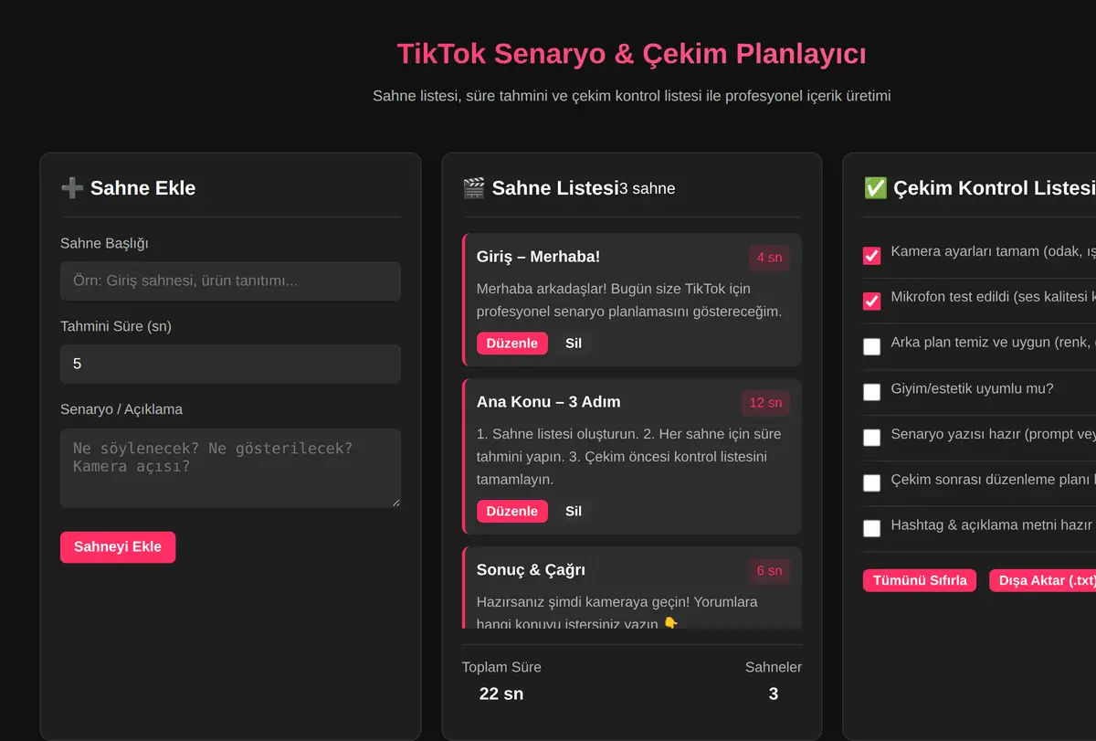 TikTok Senaryo & Çekim Planlayıcı ekran görüntüsü