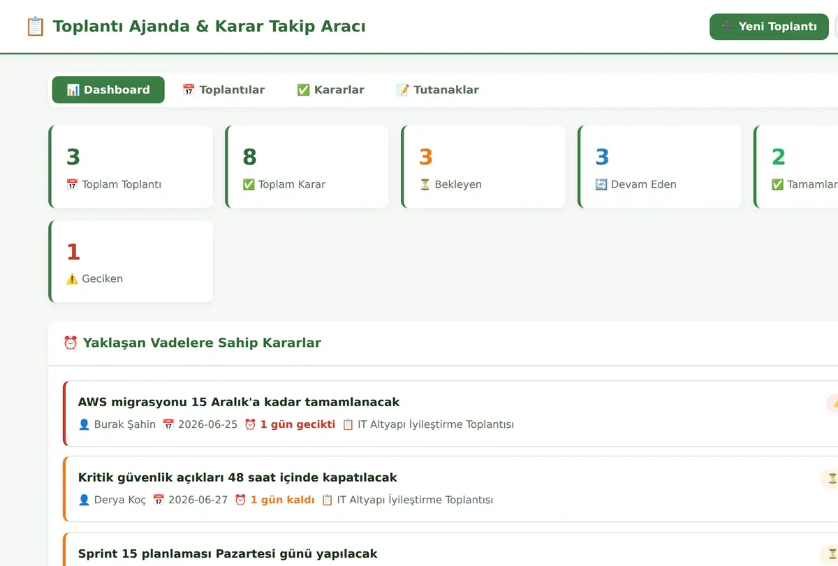 Toplantı Ajanda & Karar Takip Aracı ekran görüntüsü