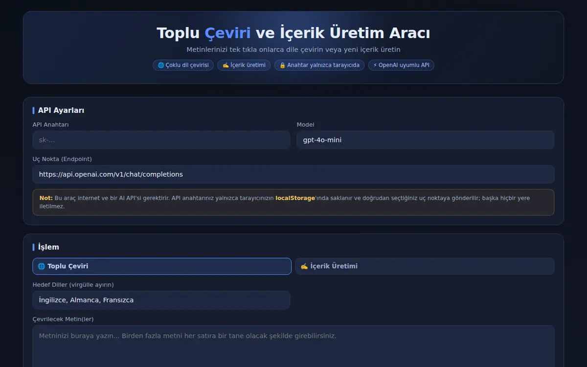 Toplu Çeviri & İçerik Üretim Aracı ekran görüntüsü