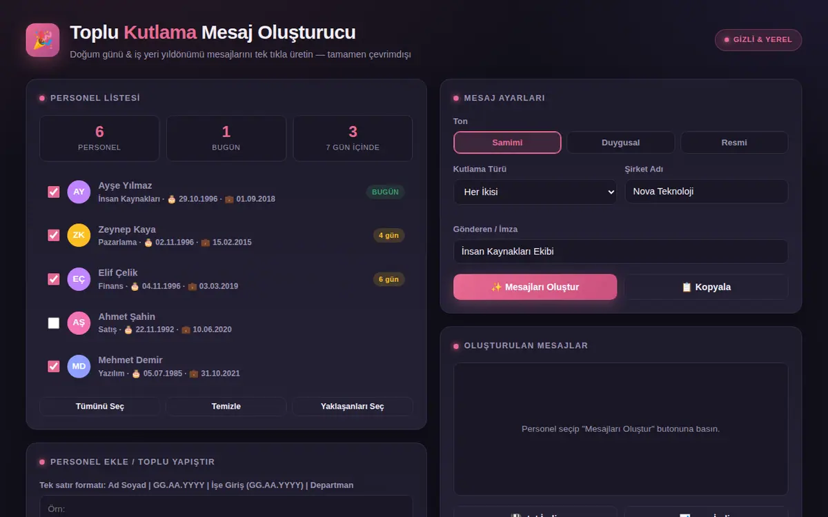 Toplu Doğum Günü & Yıldönümü Mesaj Oluşturucu ekran görüntüsü