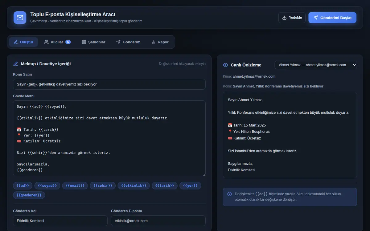 Toplu E-posta Personalizasyon Aracı ekran görüntüsü