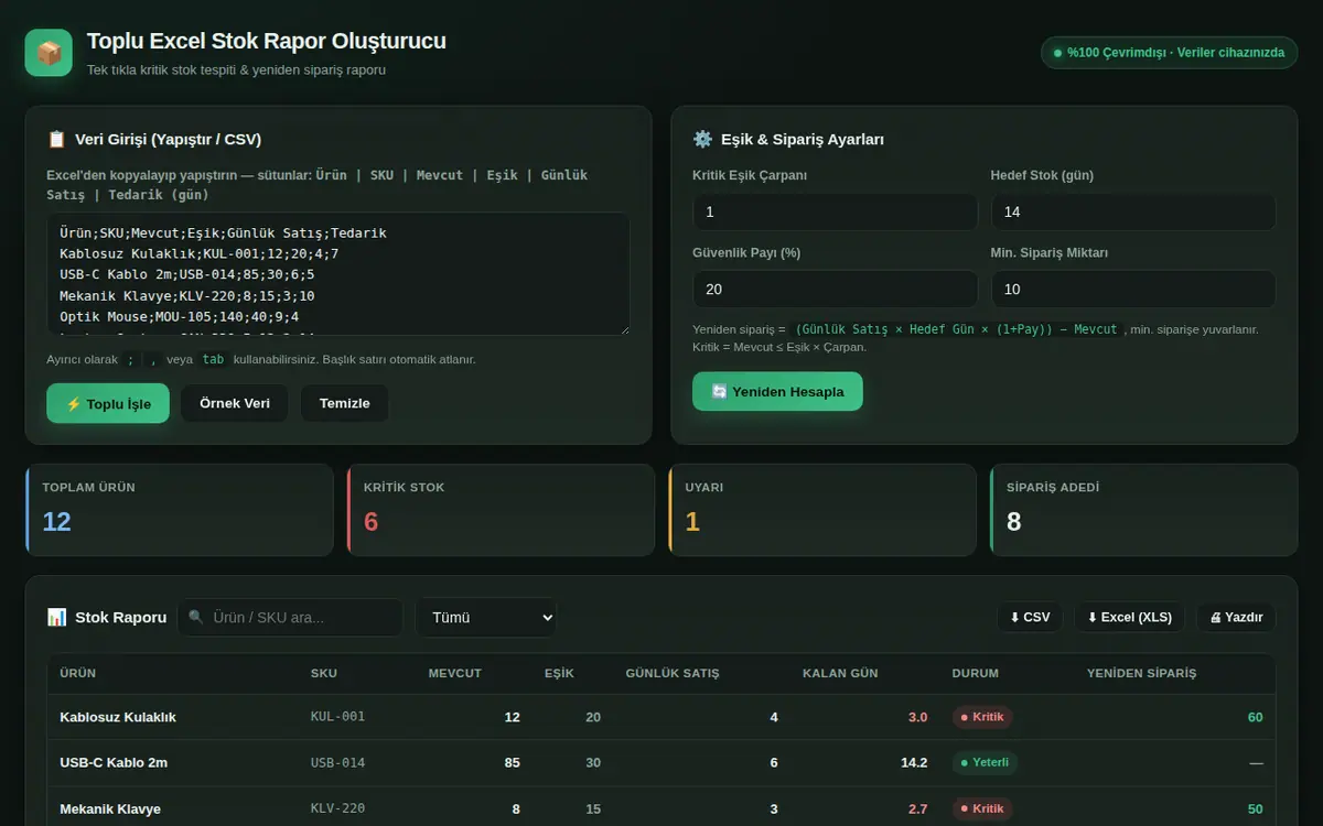 Toplu Excel Stok Rapor Oluşturucu ekran görüntüsü