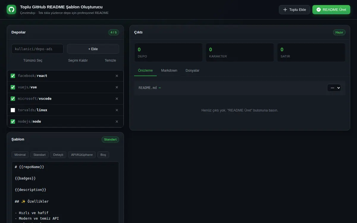 Toplu GitHub README Şablon Oluşturucu ekran görüntüsü