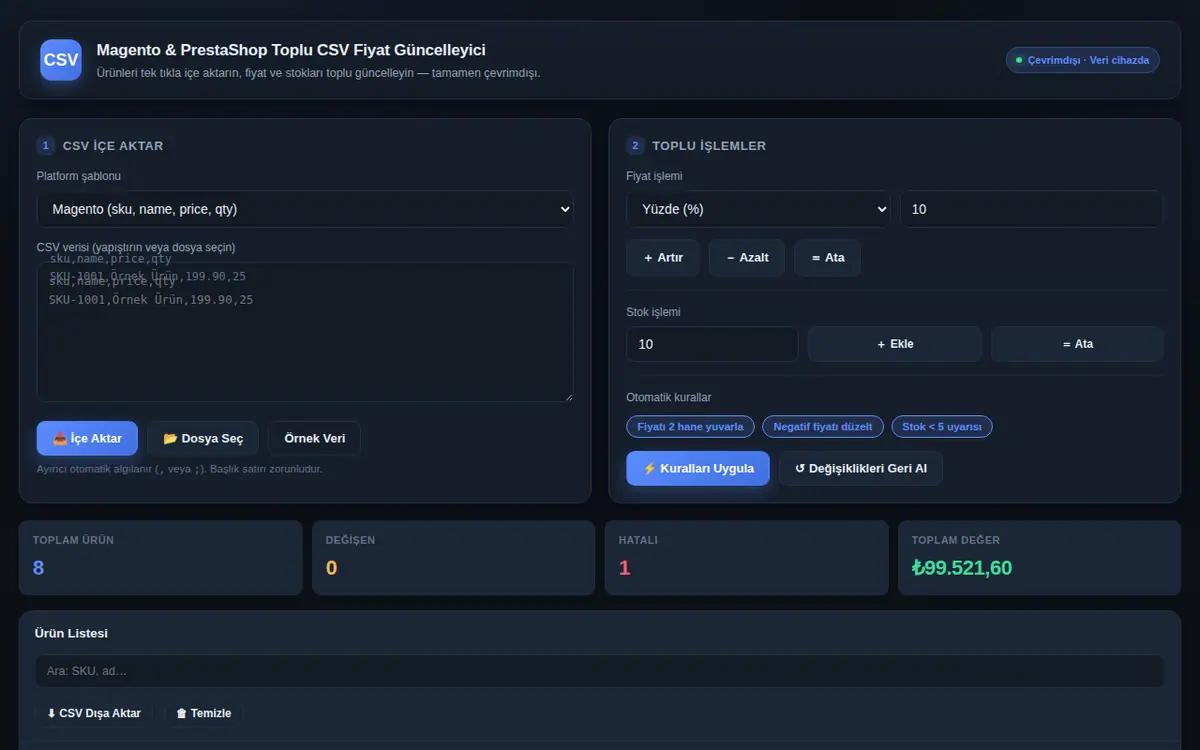 Toplu Magento/PrestaShop CSV Aktarım ve Fiyat ekran görüntüsü