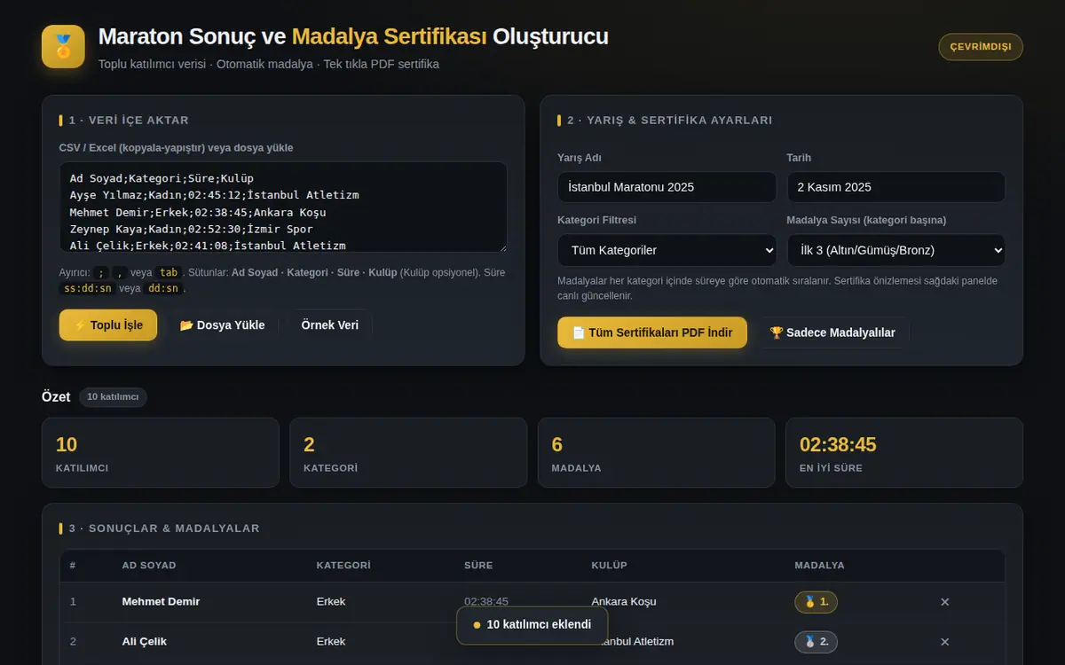 Toplu Maraton Sonuç & Madalya Sertifikası ekran görüntüsü