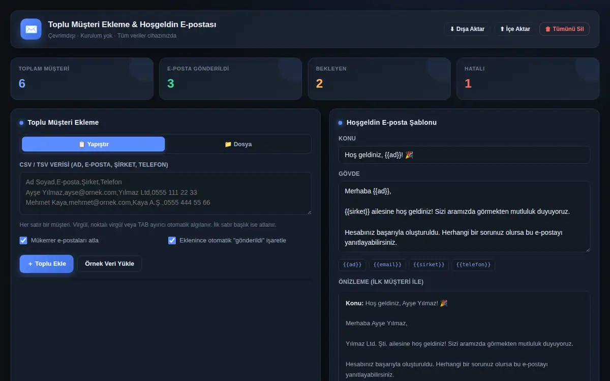 Toplu Müşteri Ekleme ve Hoşgeldin E-postası Aracı ekran görüntüsü
