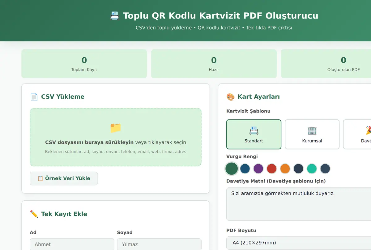 Toplu QR Kodlu Kartvizit PDF Oluşturucu ekran görüntüsü