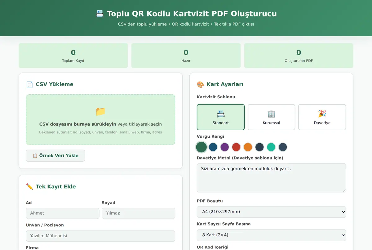 Toplu QR Kodlu Kartvizit PDF Oluşturucu ekran görüntüsü 2