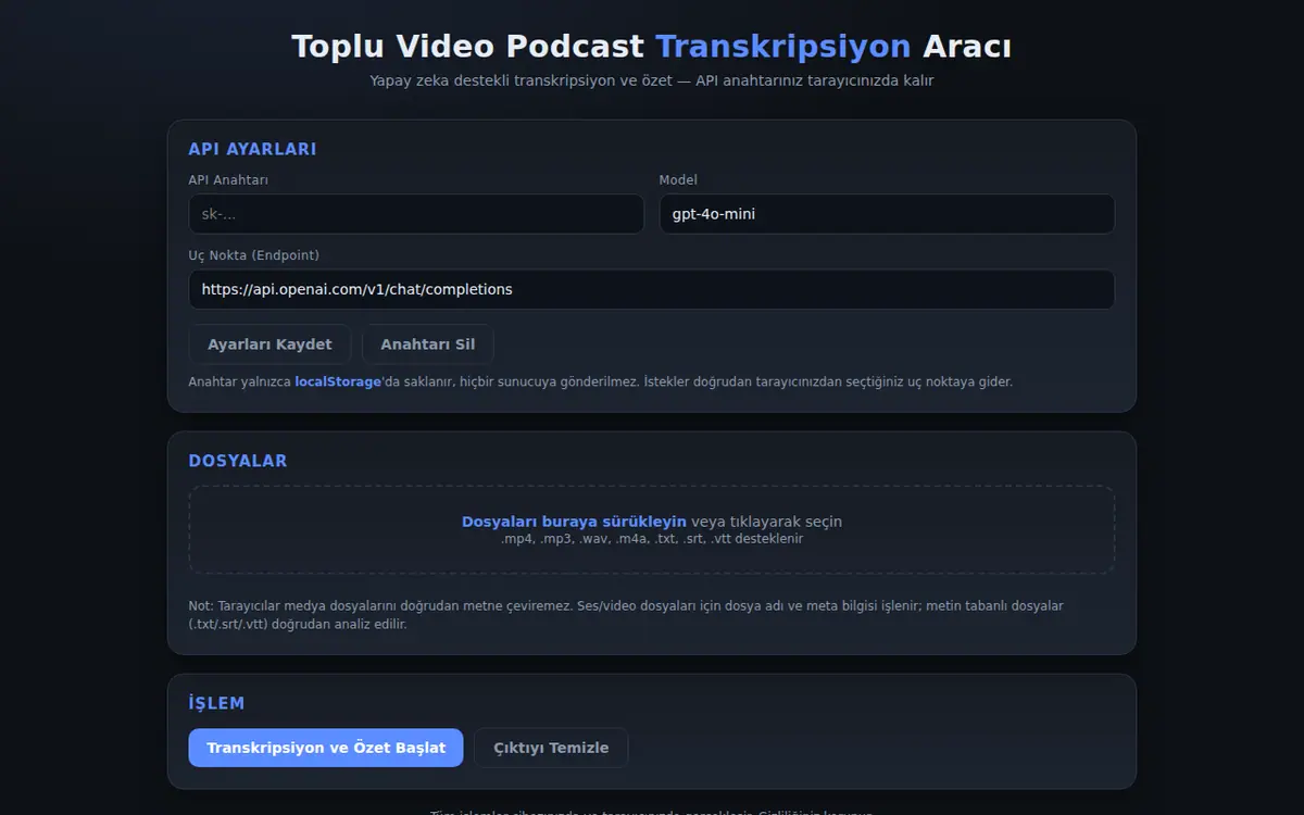 Toplu Video Podcast Transkripsiyon Aracı ekran görüntüsü