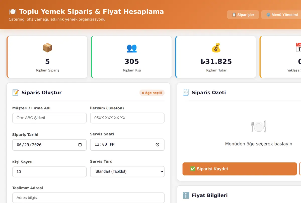 Toplu Yemek Sipariş & Fiyat Hesaplama Aracı ekran görüntüsü