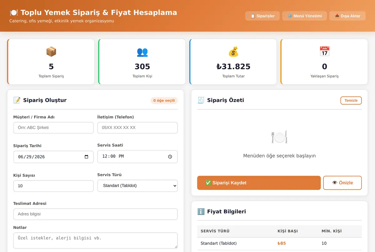 Toplu Yemek Sipariş & Fiyat Hesaplama Aracı ekran görüntüsü 2