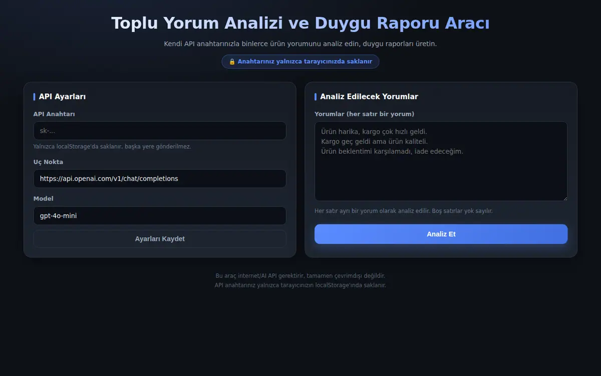 Toplu Yorum Analizi ve Duygu Raporu Aracı ekran görüntüsü