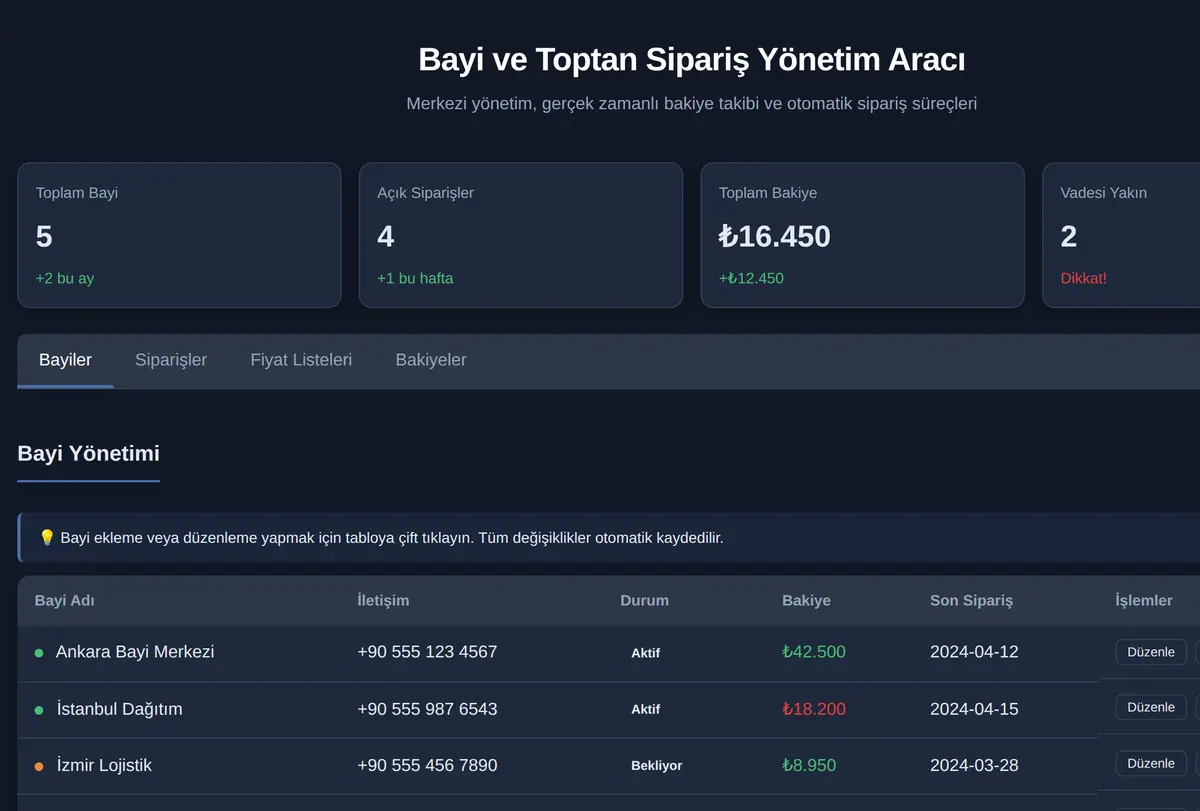 Bayi ve Toptan Sipariş Yönetim Aracı ekran görüntüsü