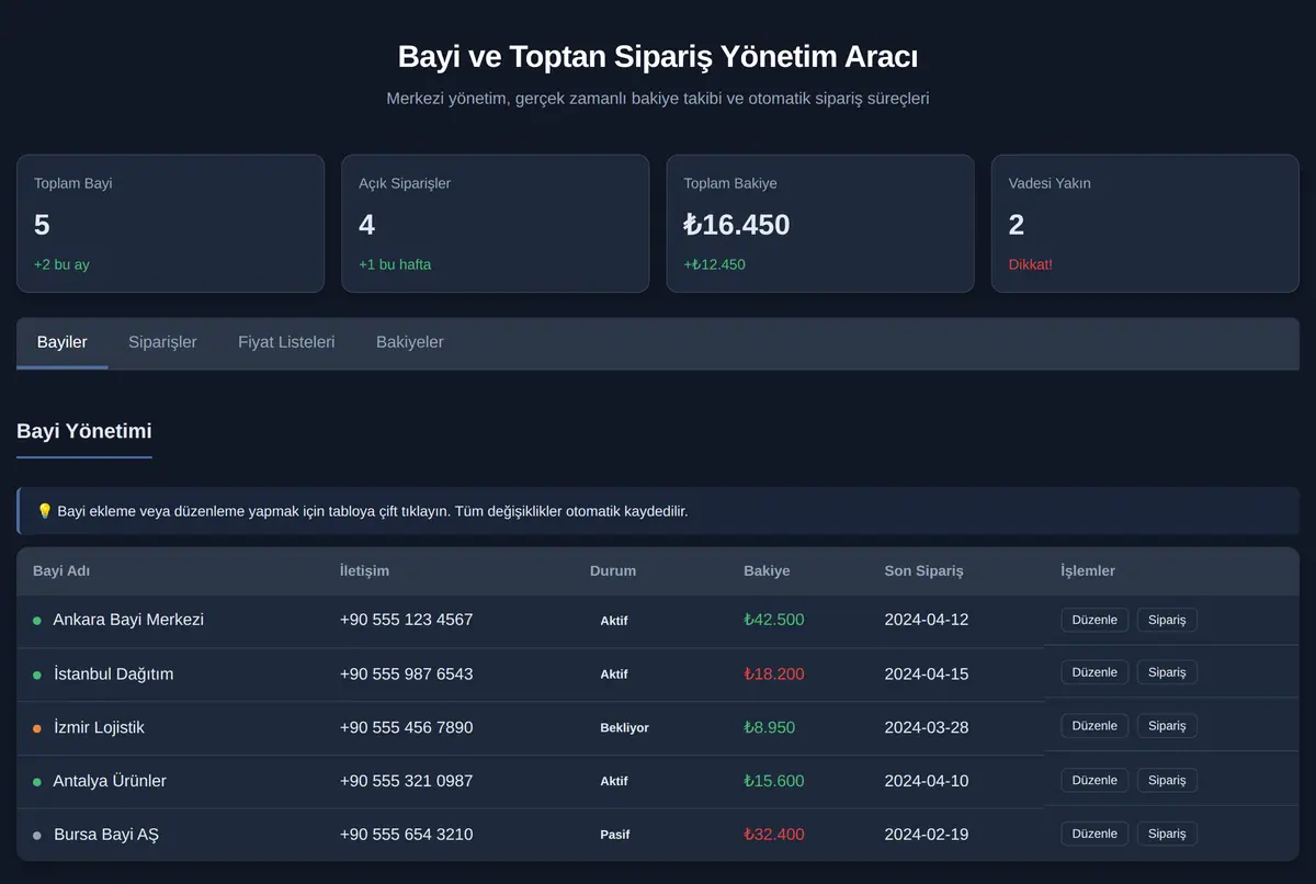 Bayi ve Toptan Sipariş Yönetim Aracı ekran görüntüsü 2