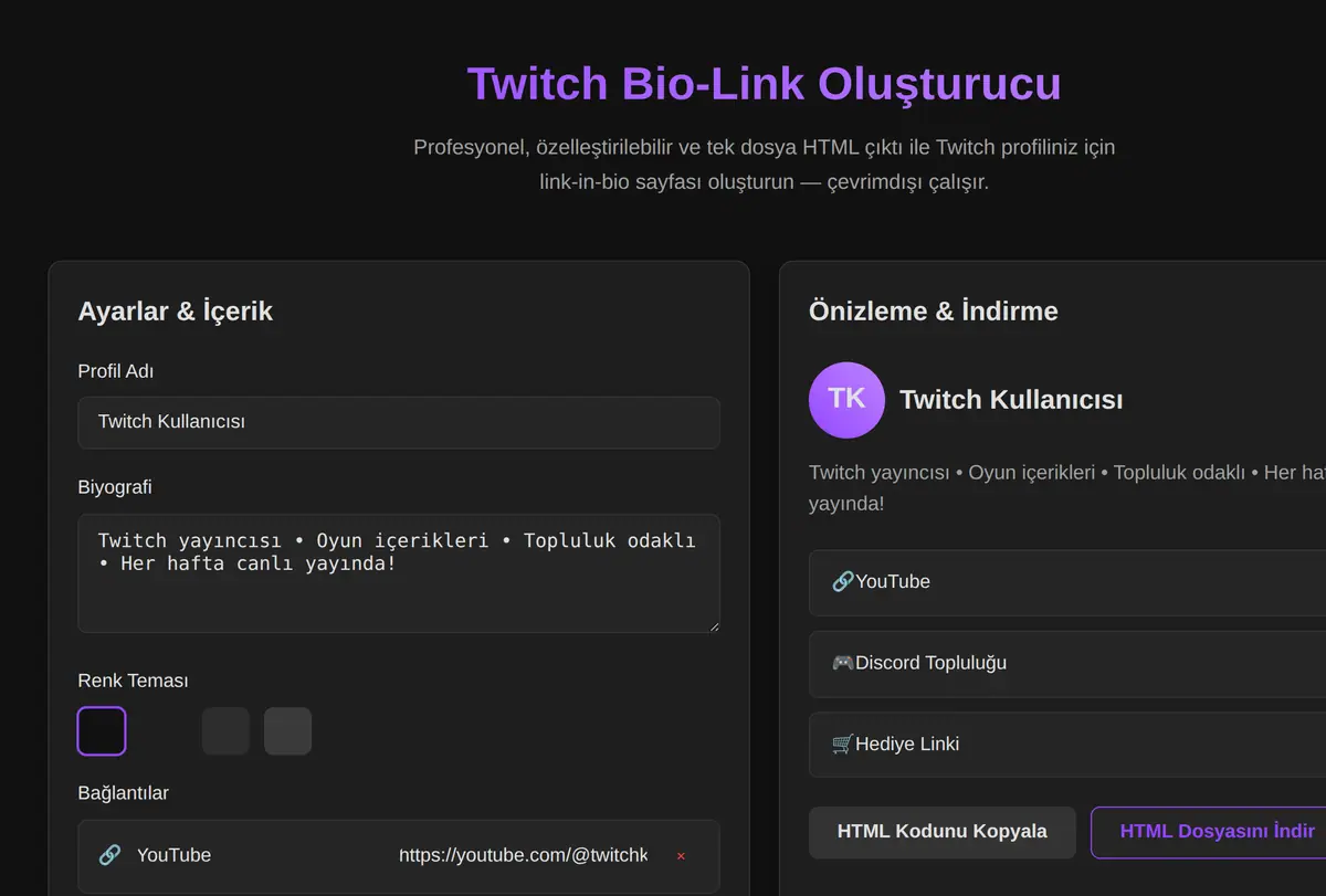 Twitch Bio-Link Oluşturucu ekran görüntüsü