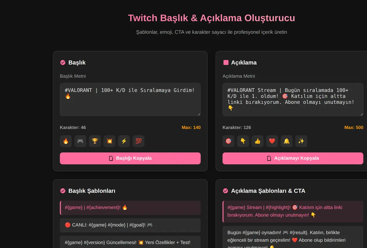 Twitch Başlık & Açıklama Oluşturucu ekran görüntüsü