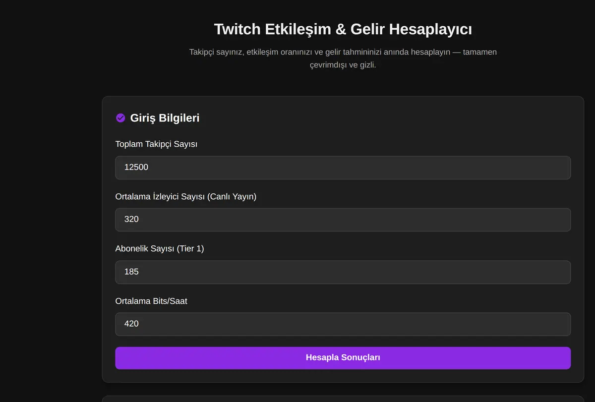 Twitch Etkileşim & Gelir Hesaplayıcı ekran görüntüsü