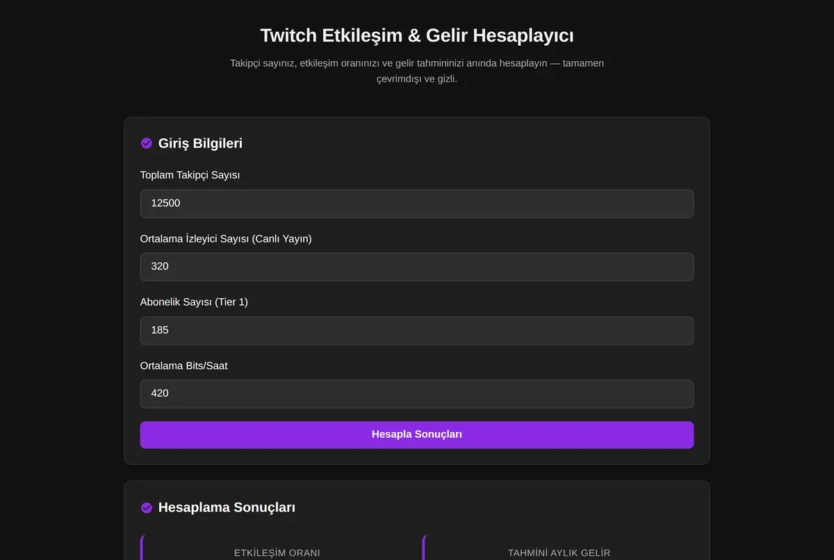 Twitch Etkileşim & Gelir Hesaplayıcı ekran görüntüsü 2